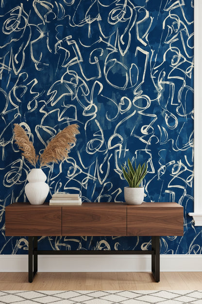 Navy Blue Abstract Scribble Pattern Wallpaper
