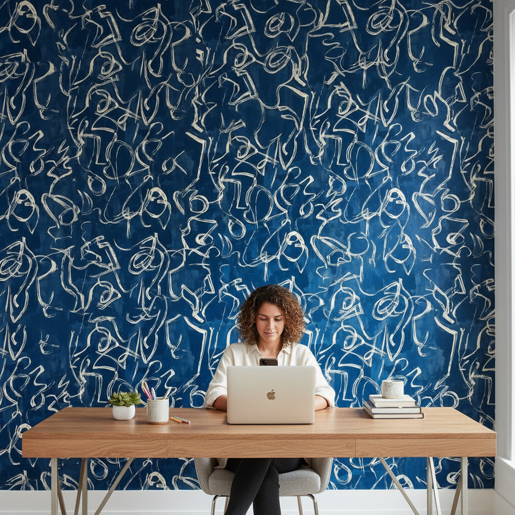 Navy Blue Abstract Scribble Pattern Wallpaper