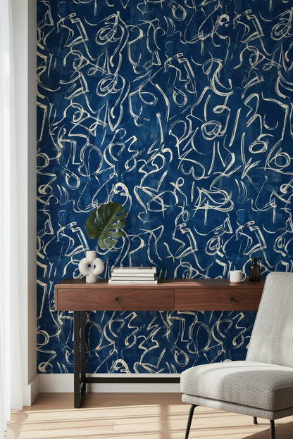 Navy Blue Abstract Scribble Pattern Wallpaper