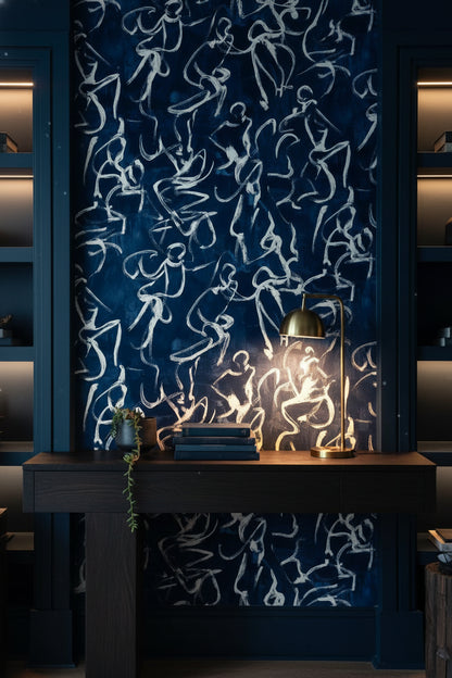Navy Blue Abstract Line Art Wallpaper