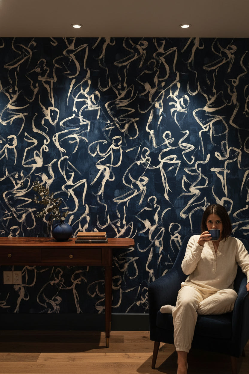 Navy Blue Abstract Line Art Wallpaper