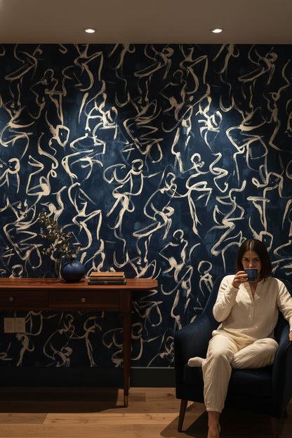 Navy Blue Abstract Line Art Wallpaper