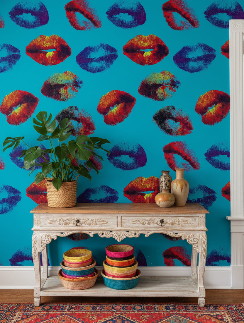 Vibrant Blue Pop-Art Lips Wallpaper