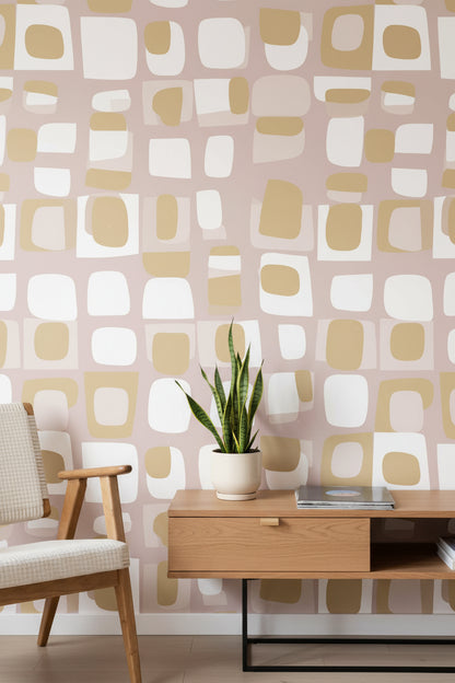 Blush Pink Geometric Squares Wallpaper