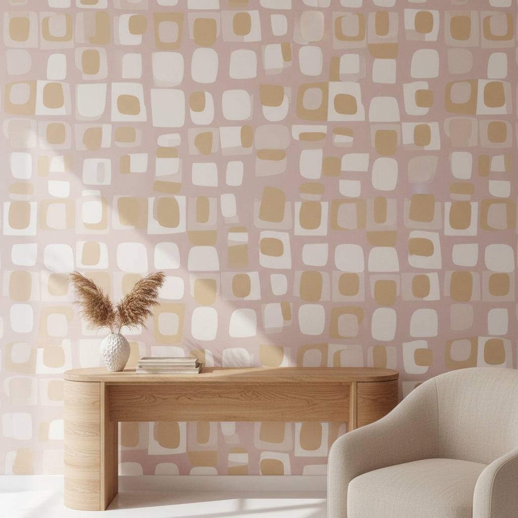 Blush Pink Geometric Squares Wallpaper