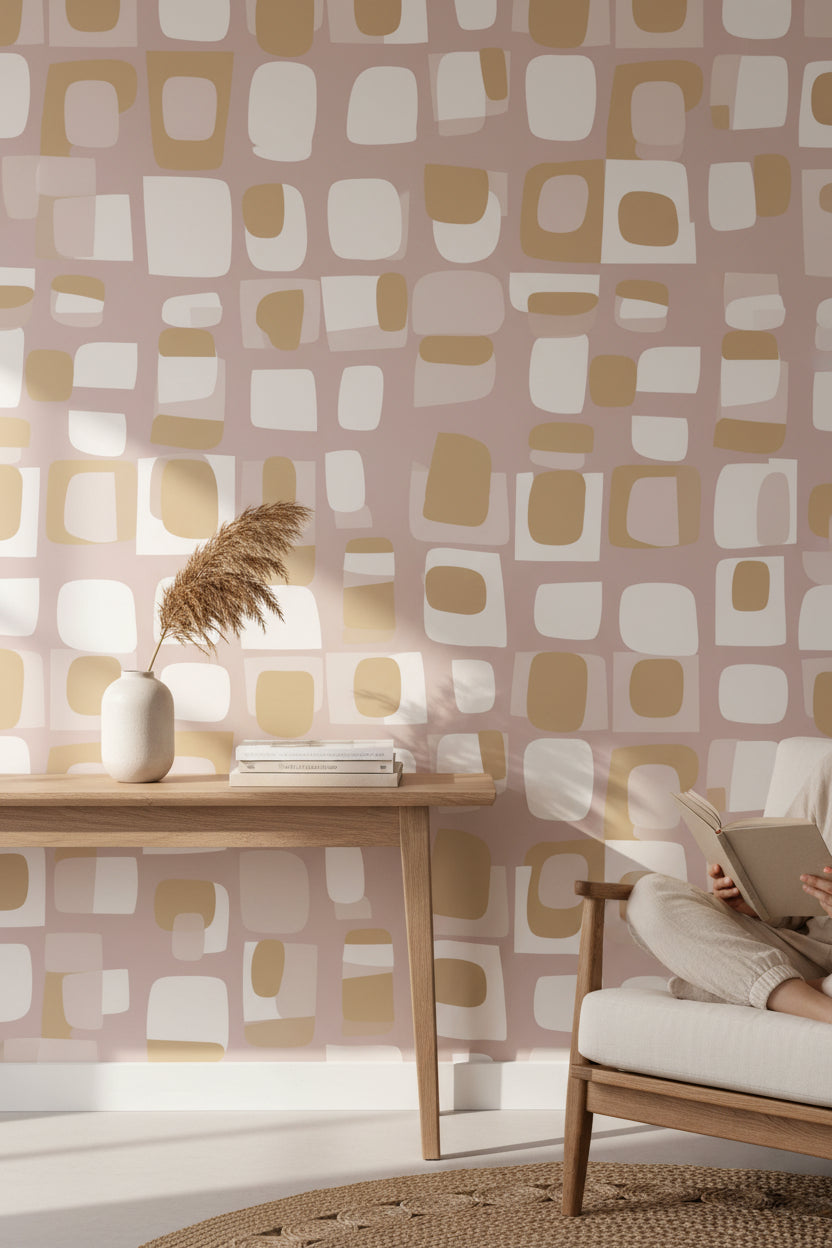 Blush Pink Geometric Squares Wallpaper