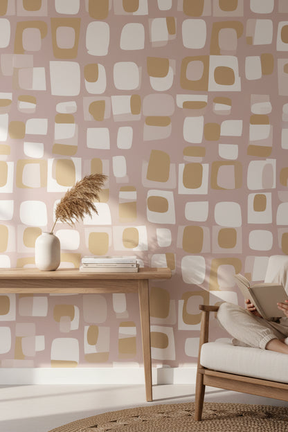 Blush Pink Geometric Squares Wallpaper