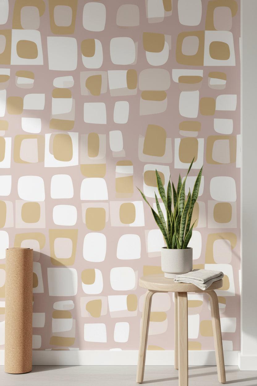Blush Pink Geometric Squares Wallpaper