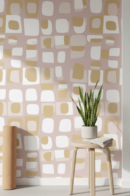 Blush Pink Geometric Squares Wallpaper
