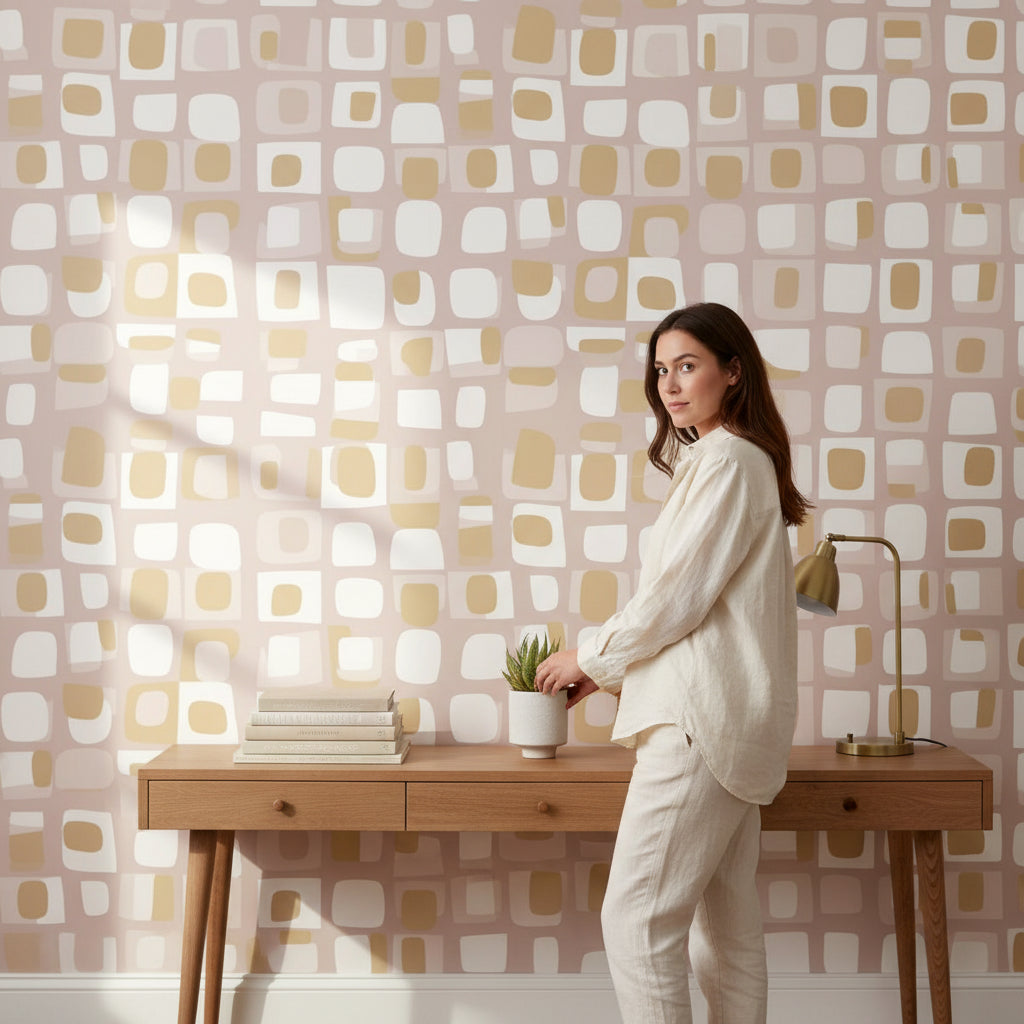Blush Pink Geometric Squares Wallpaper