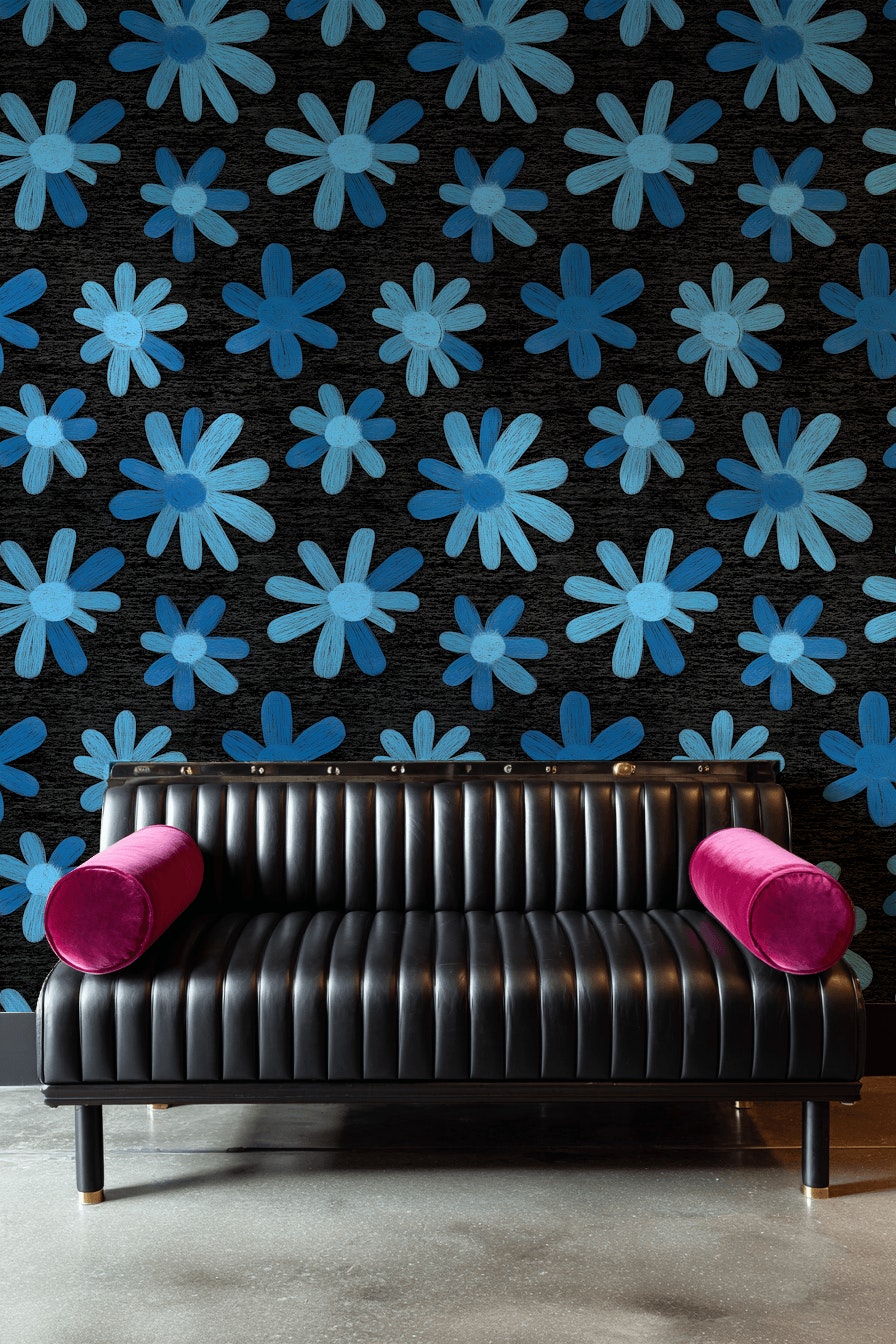 Floral Sketch Wallpaper Blue Modern Decorative Mural