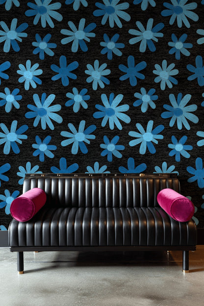 Vibrant Blue Daisy Floral Black Wallpaper