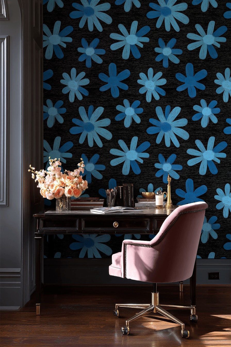Floral Sketch Wallpaper Blue Modern Decorative Mural
