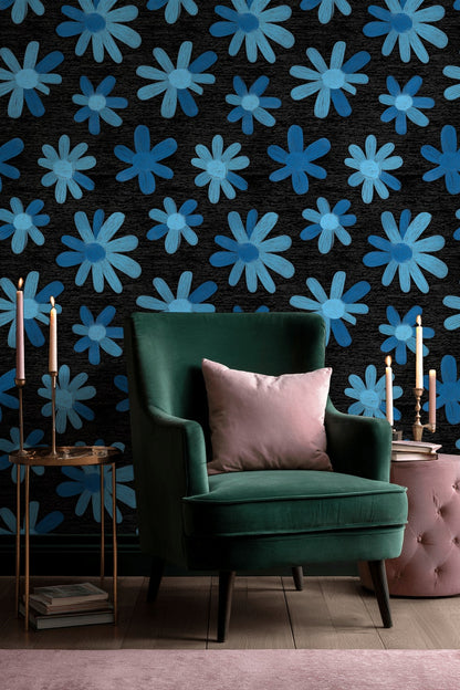 Vibrant Blue Daisy Floral Black Wallpaper