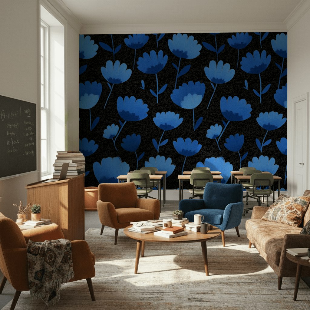 Deep Blue Floral Pattern on Black Wallpaper