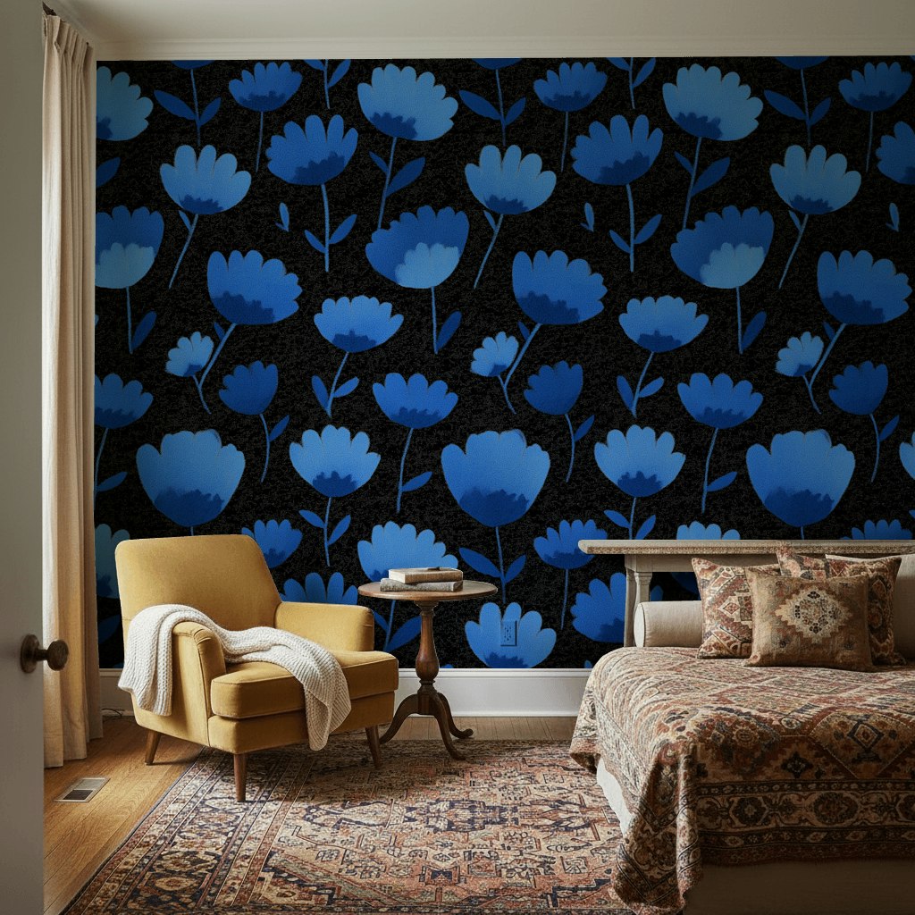 Floral Wallpaper Blue Removable Modern Wall Double Roll