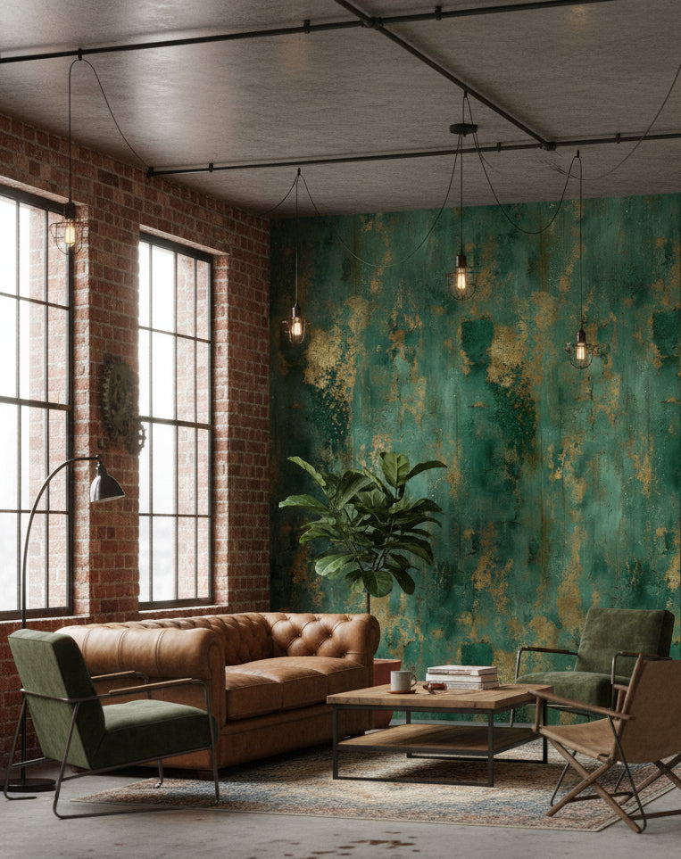 Emerald Green and Gold Look Abstract Texture Wallpaper