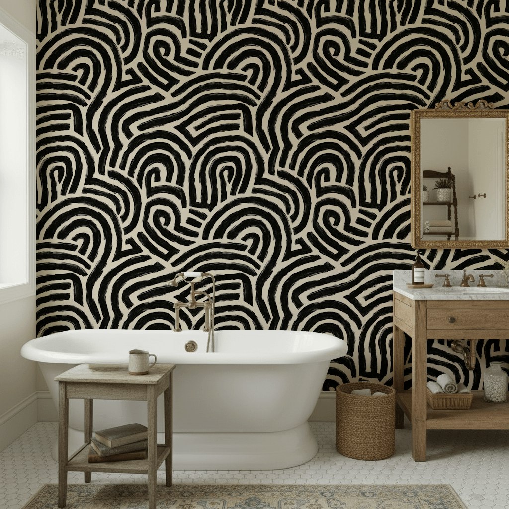 Bold Black and Beige Abstract Pattern Wallpaper