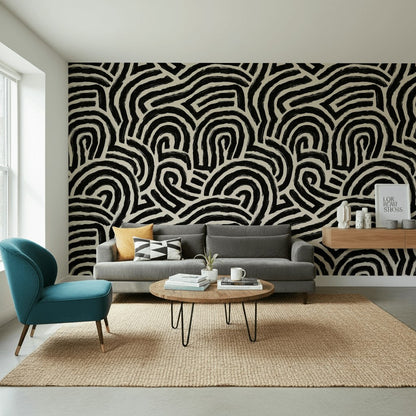 Bold Black and Beige Abstract Pattern Wallpaper