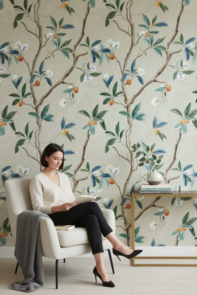 Beige Botanical Branch and Blossom Wallpaper