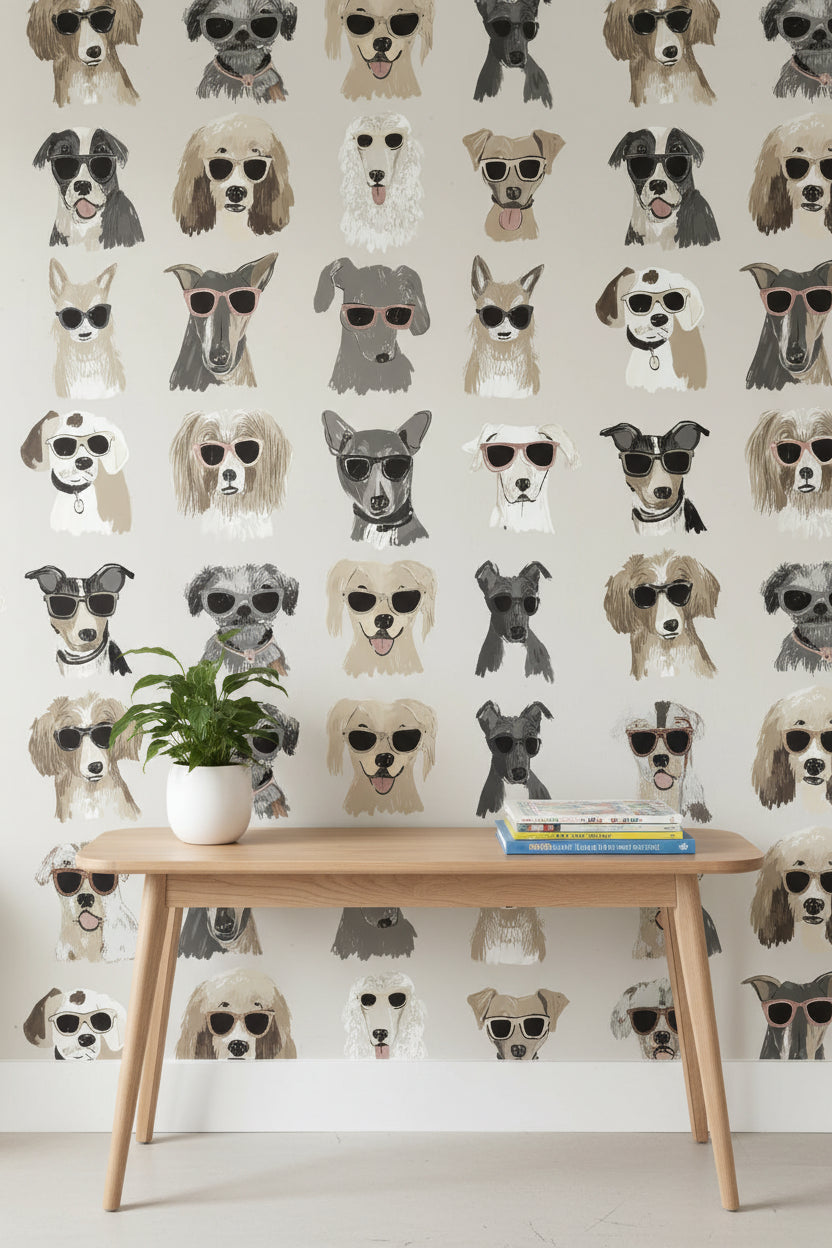 Beige Playful Sunglasses Dog Wallpaper