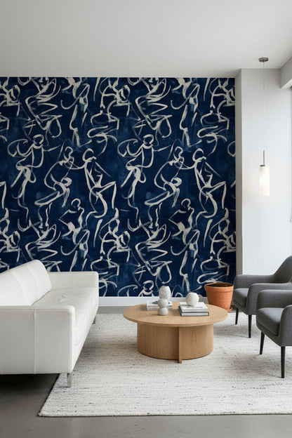 Navy Blue Abstract Line Art Wallpaper