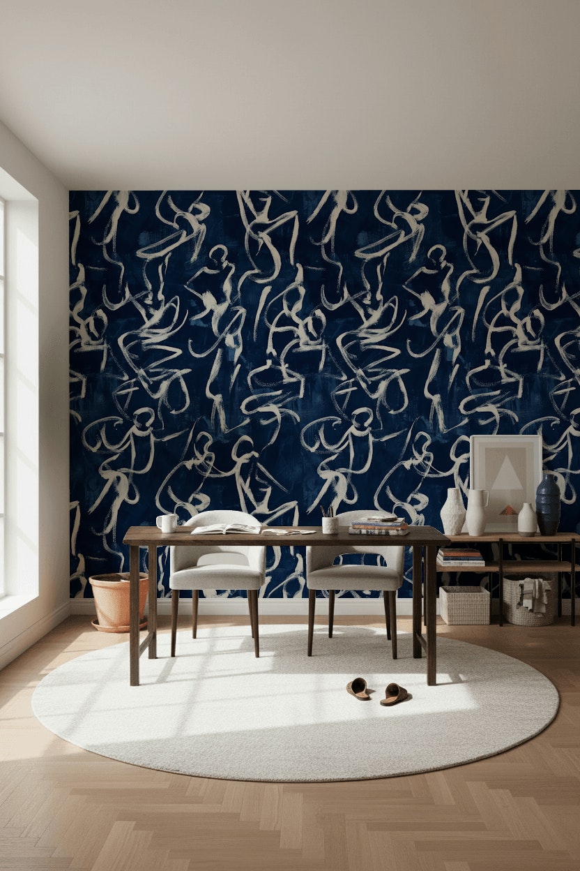 Abstract Wallpaper Navy Brushstroke Removable Wall Decor