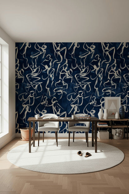 Navy Blue Abstract Line Art Wallpaper