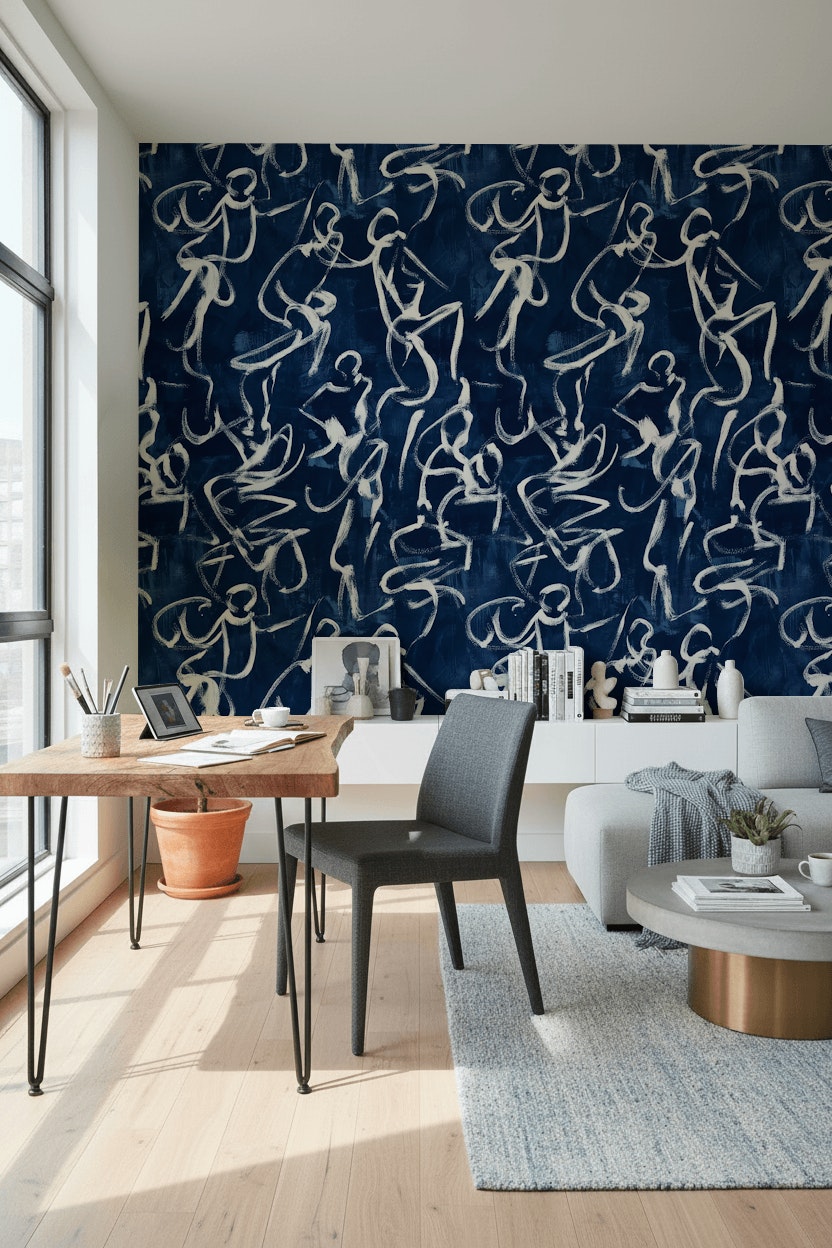 Abstract Wallpaper Navy Brushstroke Removable Wall Decor