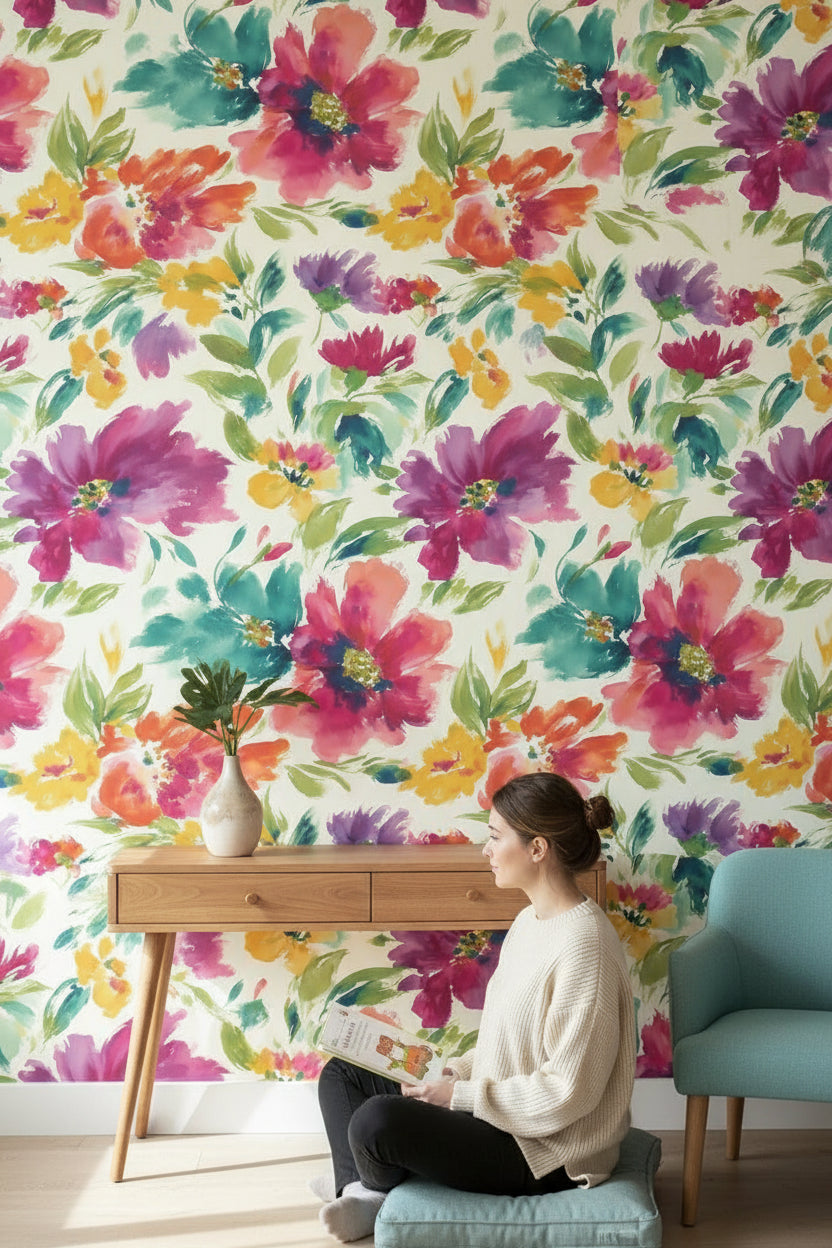 Vibrant Multicolor Watercolor Floral Wallpaper