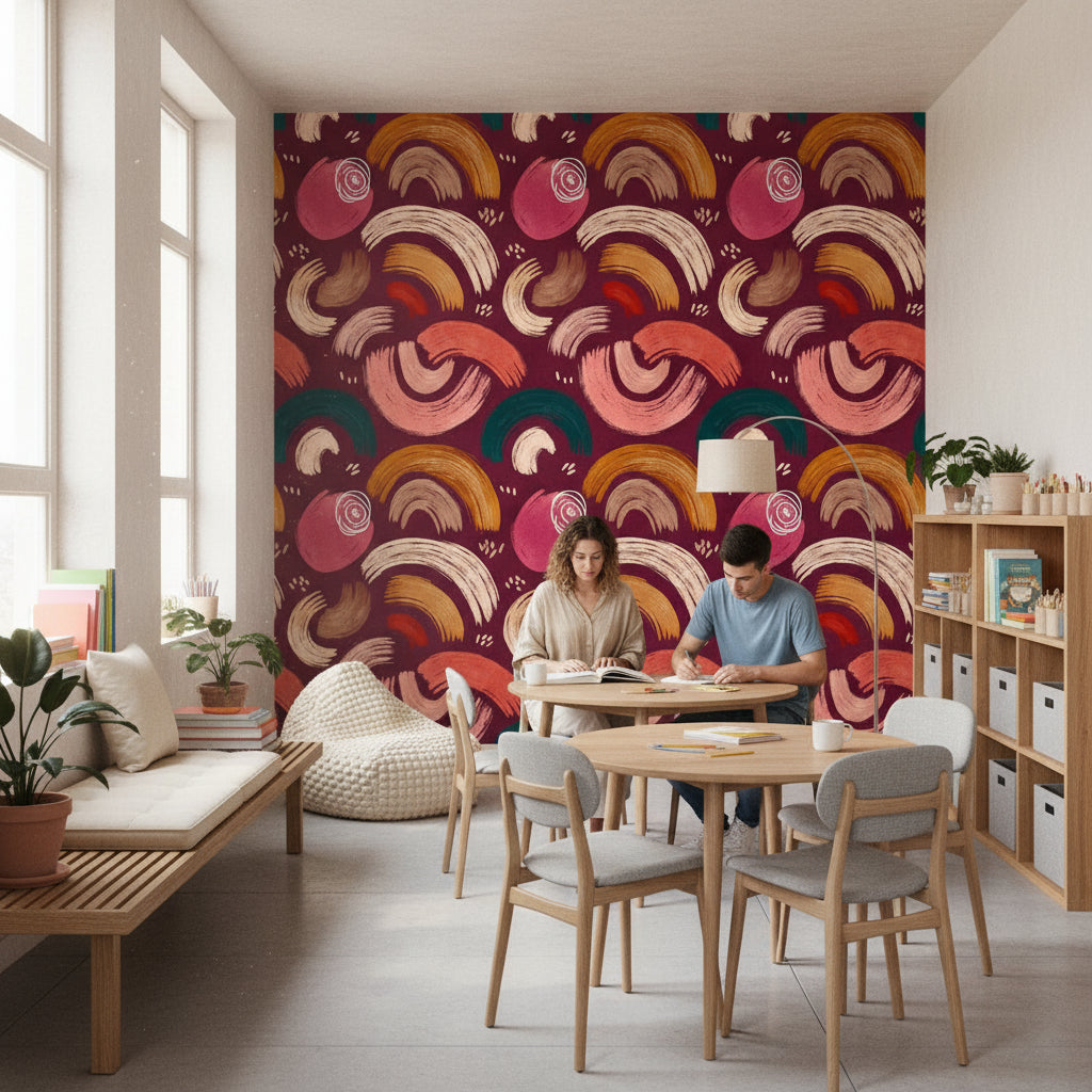Burgundy and Ochre Abstract Brushstroke Wallpaper