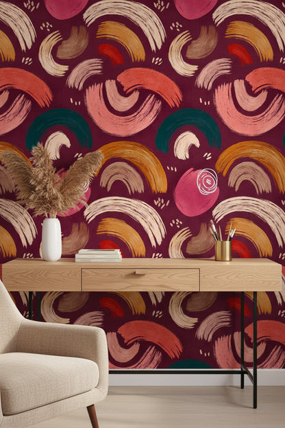 Burgundy and Ochre Abstract Brushstroke Wallpaper