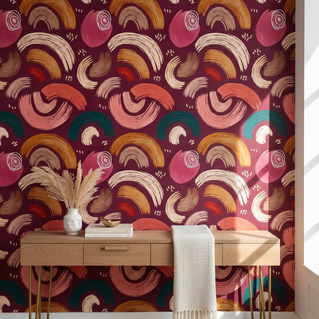 Burgundy and Ochre Abstract Brushstroke Wallpaper