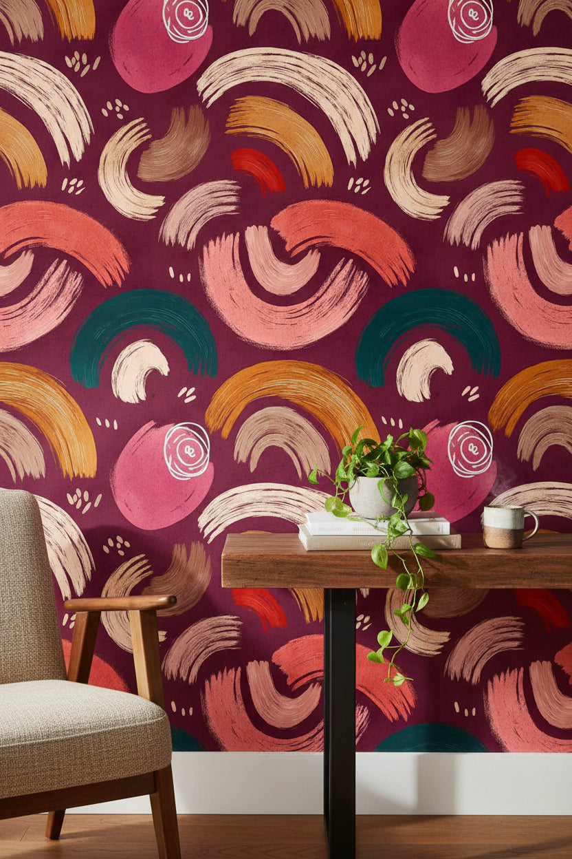 Burgundy and Ochre Abstract Brushstroke Wallpaper