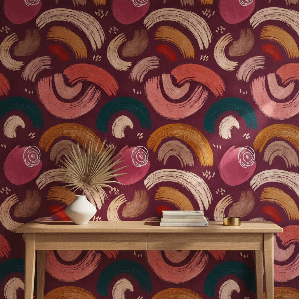 Burgundy and Ochre Abstract Brushstroke Wallpaper