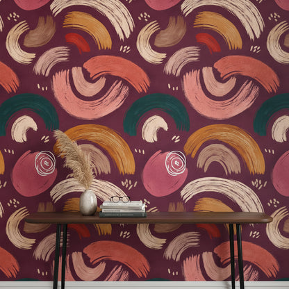 Burgundy and Ochre Abstract Brushstroke Wallpaper
