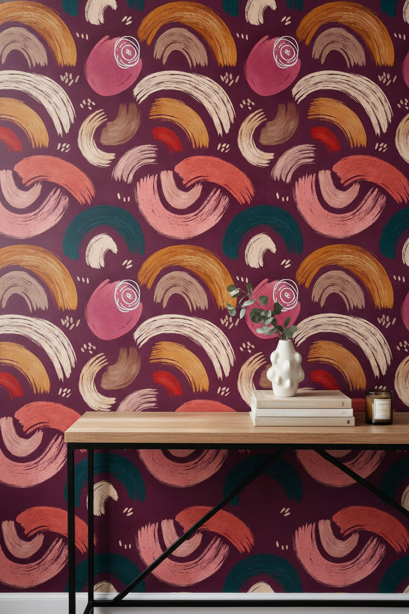 Burgundy and Ochre Abstract Brushstroke Wallpaper