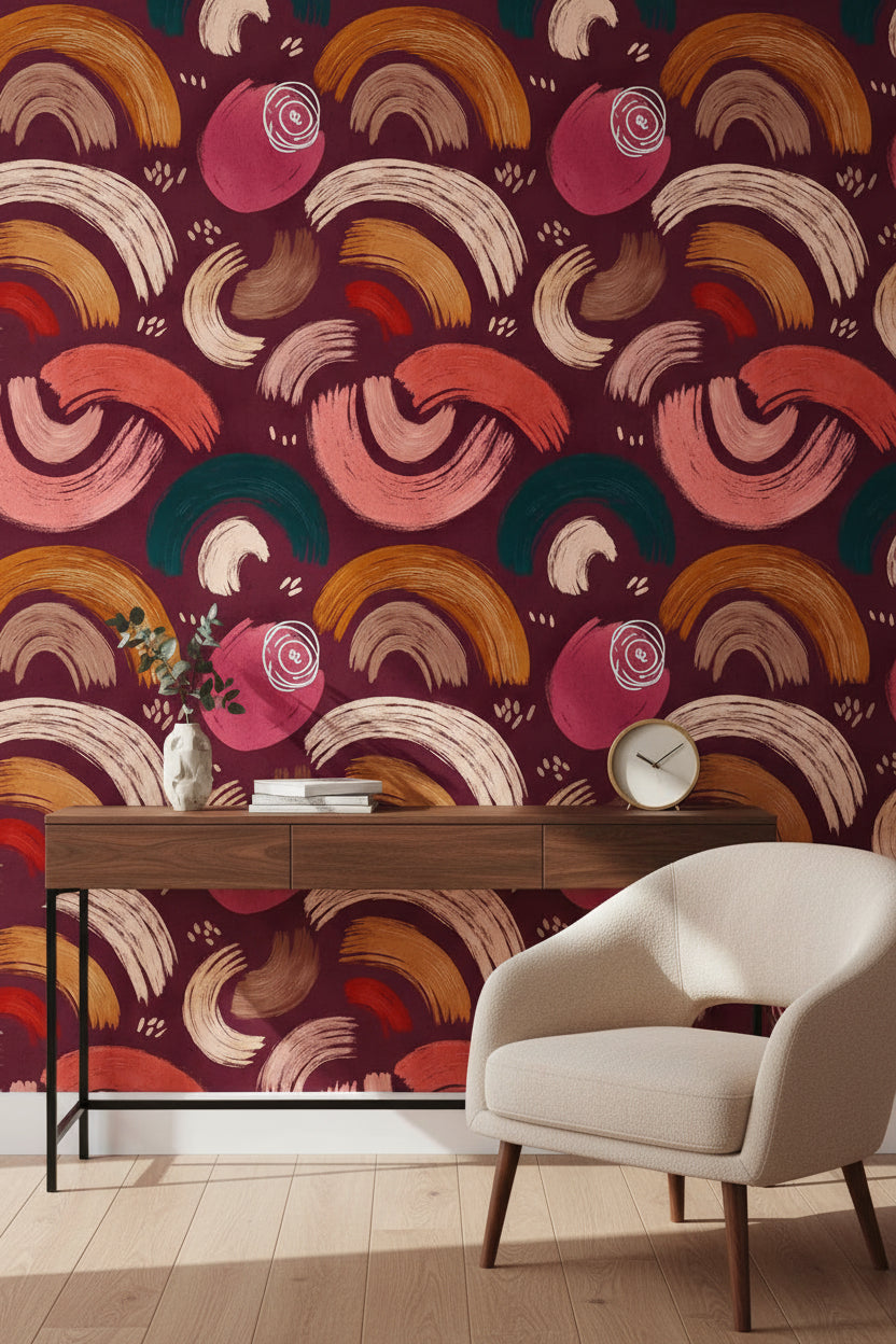 Burgundy and Ochre Abstract Brushstroke Wallpaper
