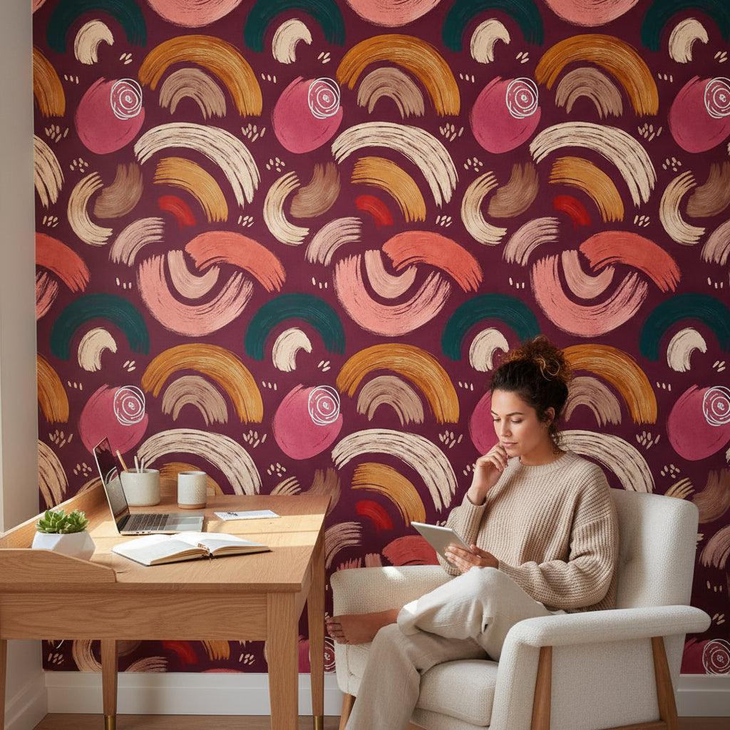 Burgundy and Ochre Abstract Brushstroke Wallpaper