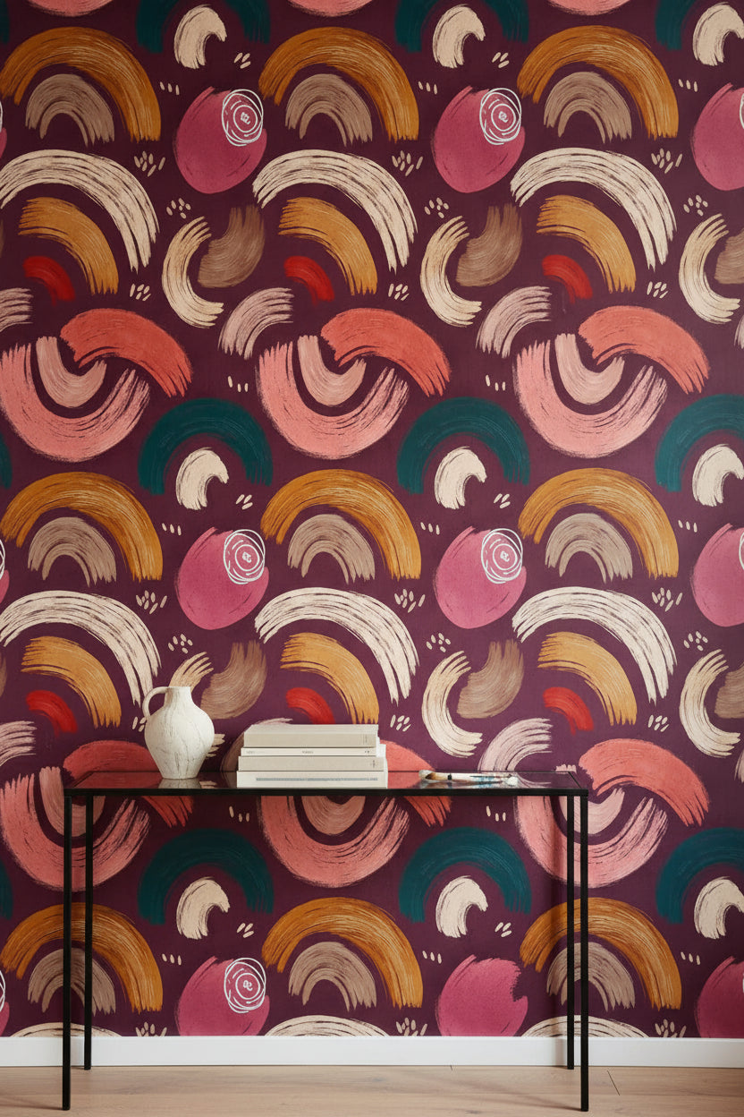 Burgundy and Ochre Abstract Brushstroke Wallpaper