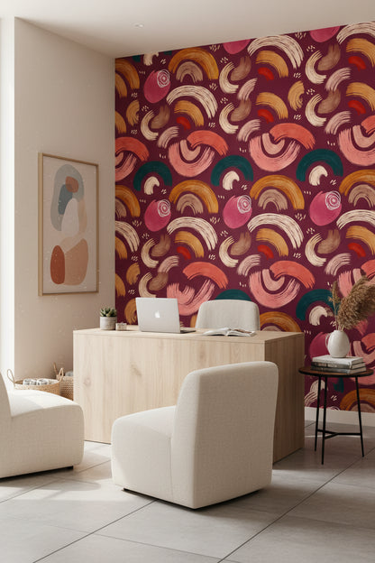 Burgundy and Ochre Abstract Brushstroke Wallpaper