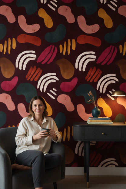 Rich Burgundy Multicolor Abstract Shapes Wallpaper