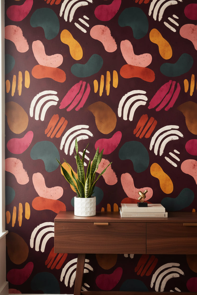 Rich Burgundy Multicolor Abstract Shapes Wallpaper