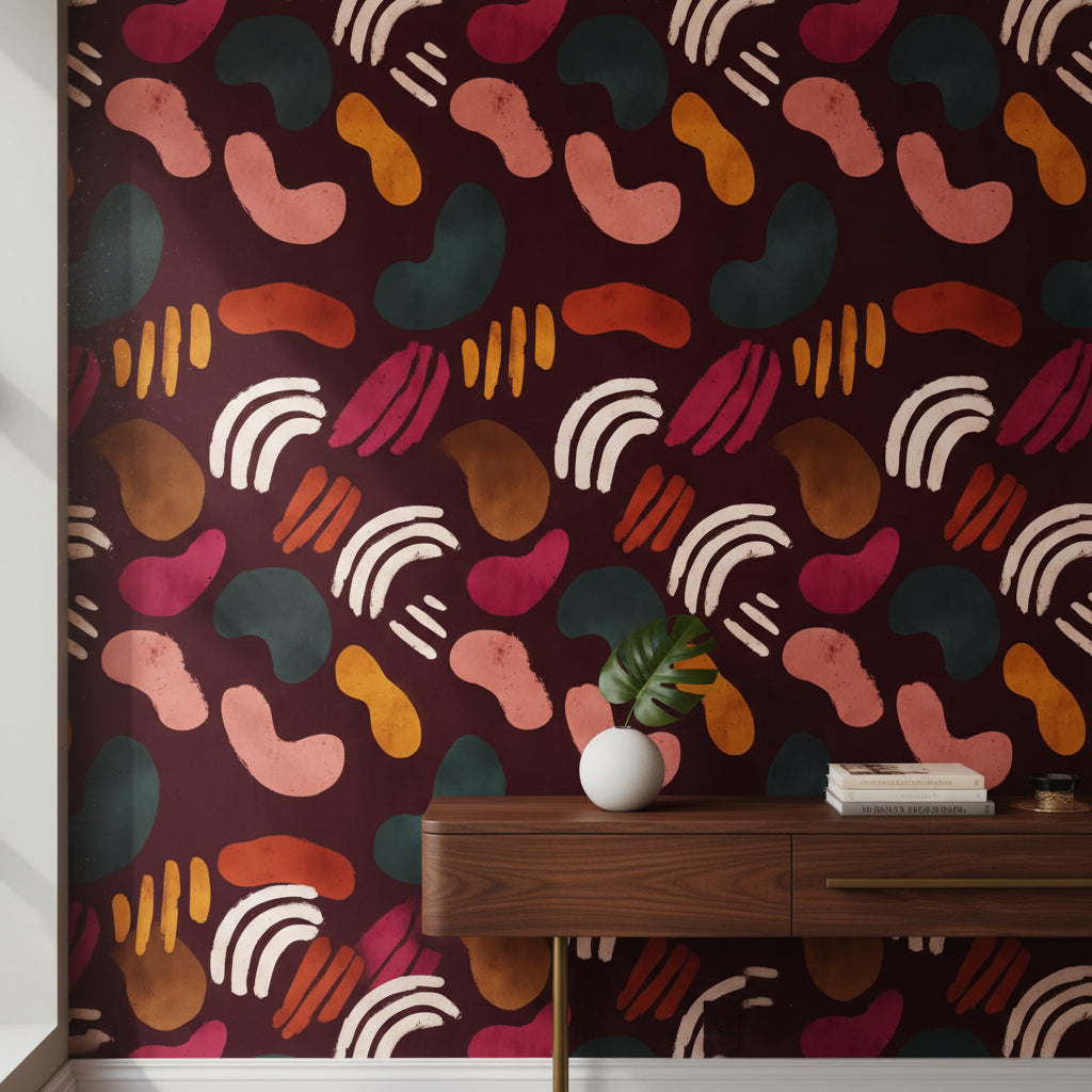 Rich Burgundy Multicolor Abstract Shapes Wallpaper
