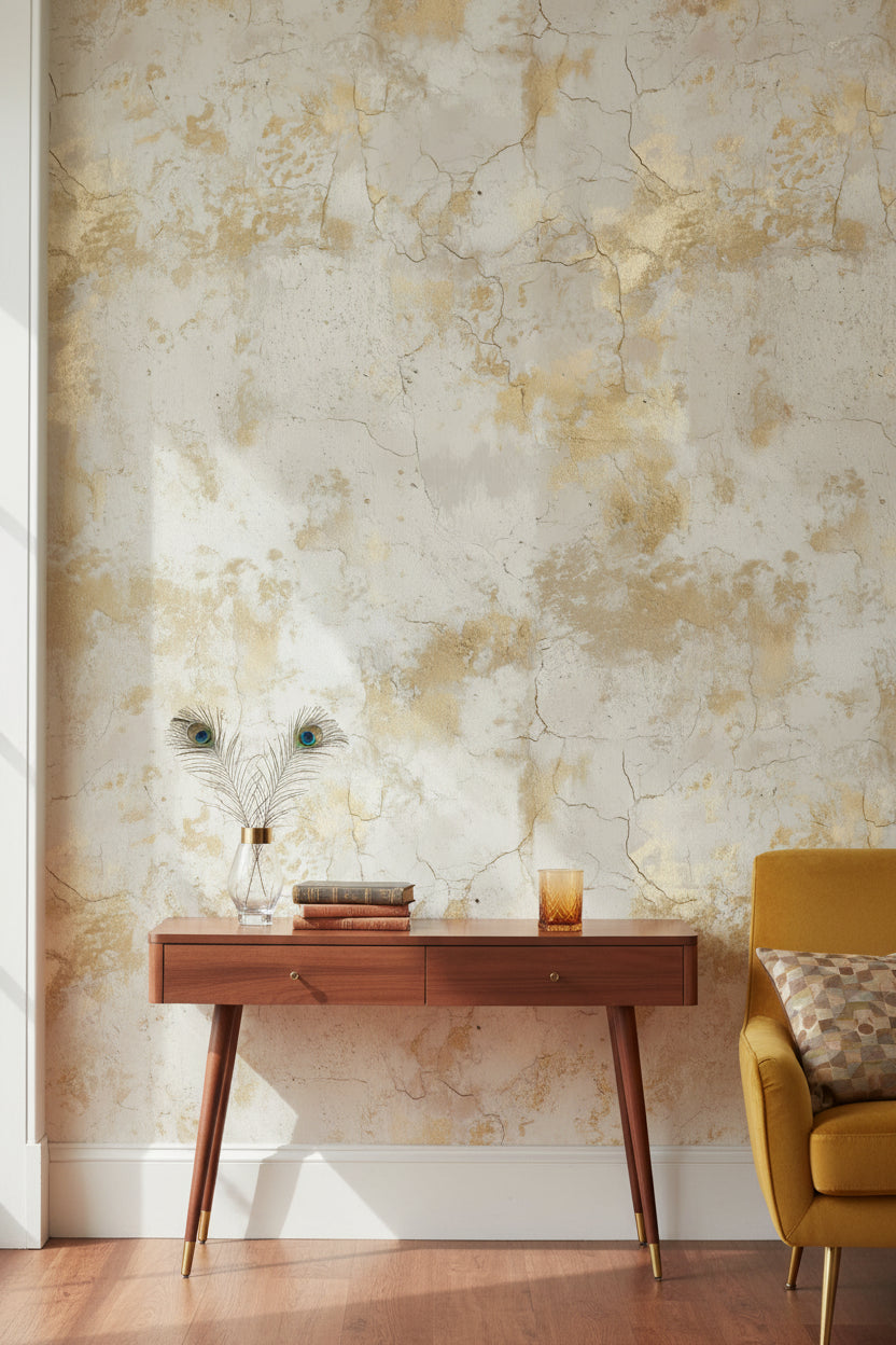 Cream and Gold Look Textured Concrete Effect Wallpaper