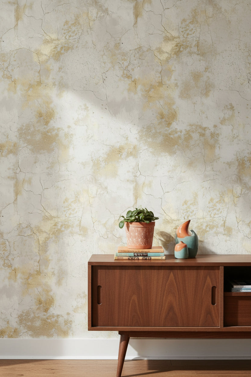 Cream and Gold Look Textured Concrete Effect Wallpaper
