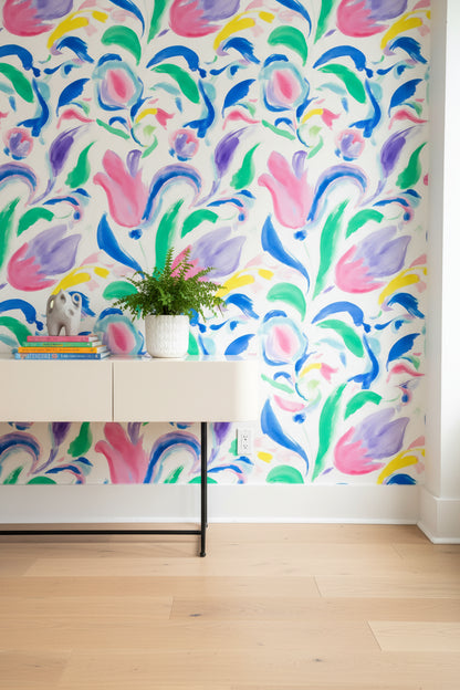 Multicolor Brushstroke Tulip Floral Wallpaper