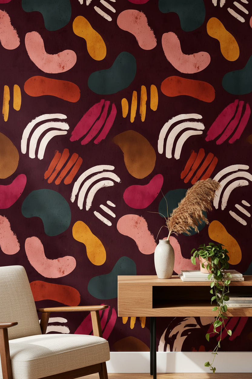 Rich Burgundy Multicolor Abstract Shapes Wallpaper
