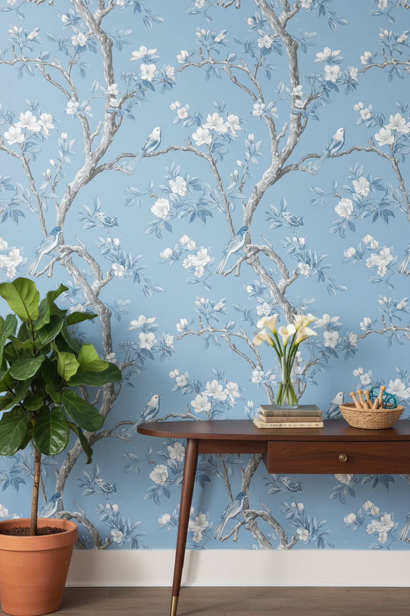 Sky Blue Cherry Blossom and Bird Wallpaper
