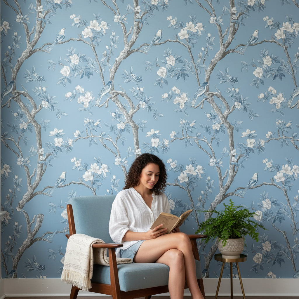 Sky Blue Cherry Blossom and Bird Wallpaper